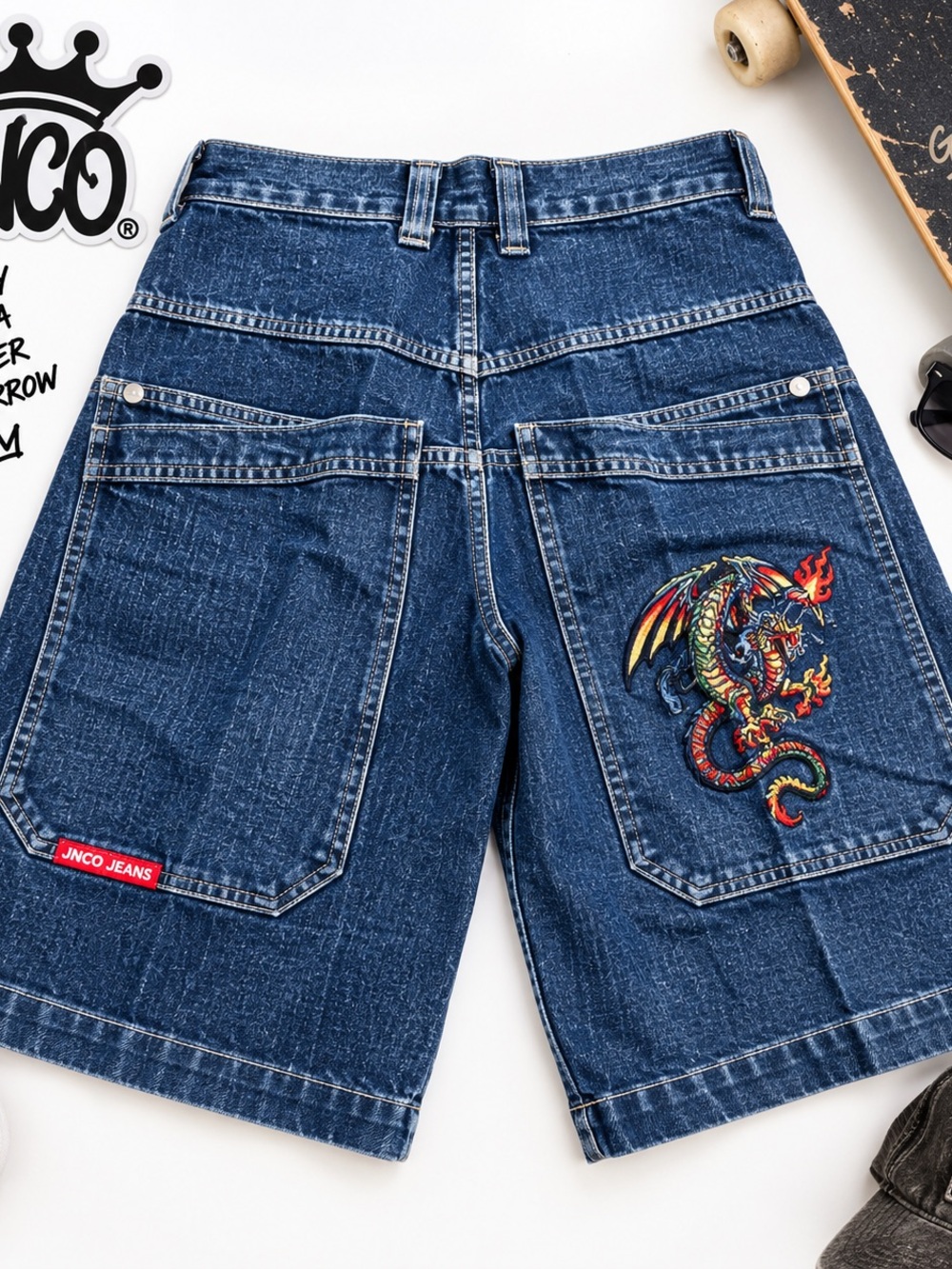 Vintage JNCO Jeans Dragon Embroidered Baggy Denim Jorts Rare Y2K Youth 16 Mens